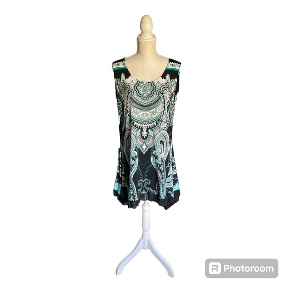STYLE & CO SLEEVELESS EMBELLISHED ROUND NECK TURQUOISE & BLACK TUNIC SIZE L - Picture 2 of 15